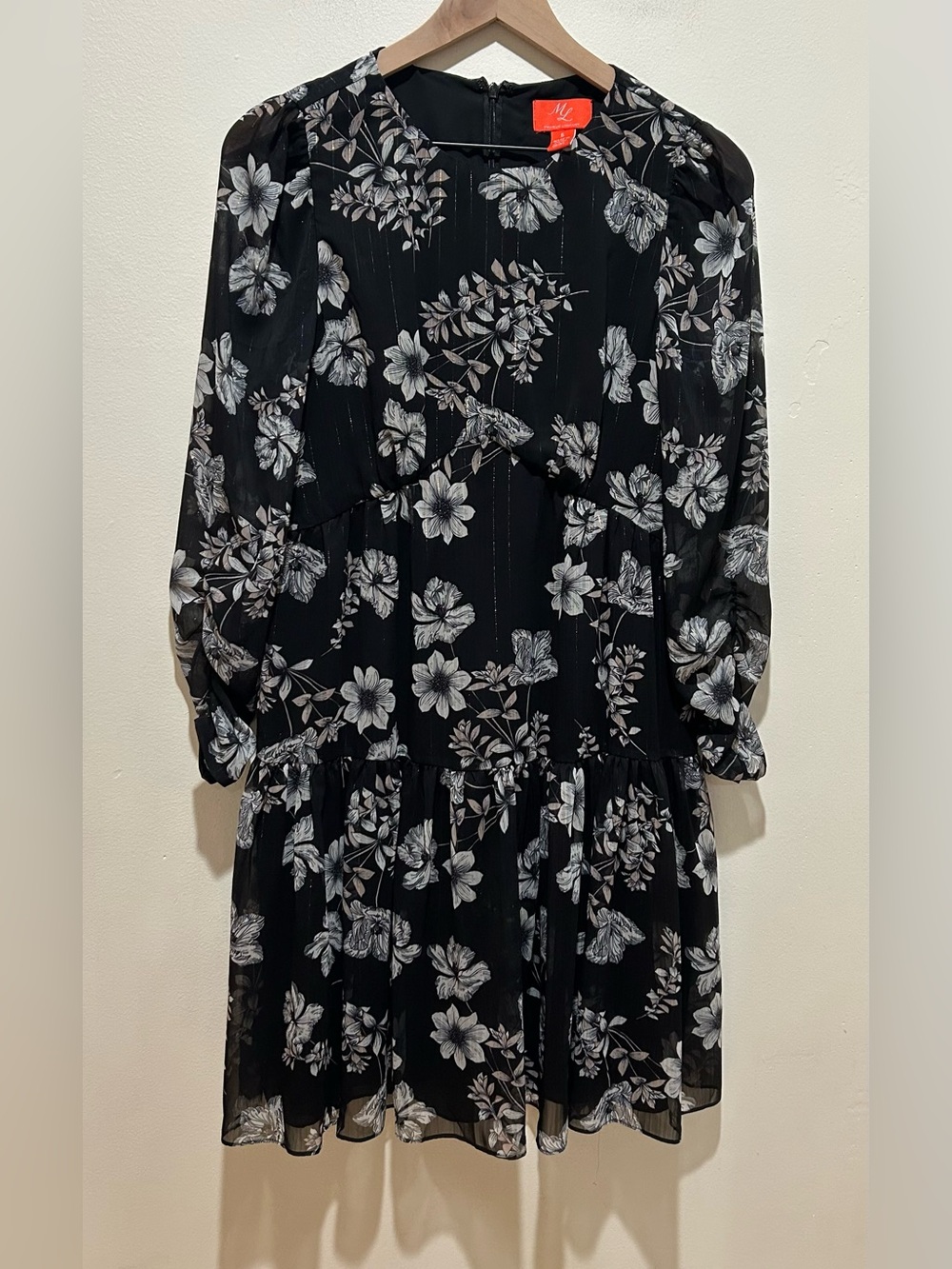 ML Monique Lhuillier Black Floral Printed Chiffon Mini Dress - Women’s Size 6